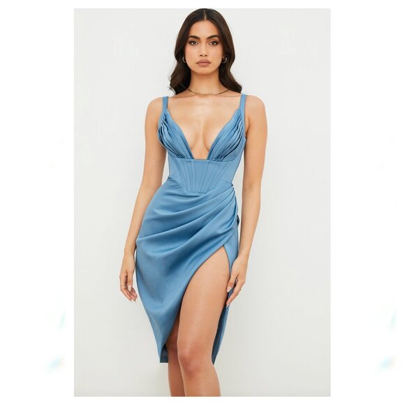 HOUSE OF CB Faye Blue Satin Corset Midi Dress - Picture 1 of 12